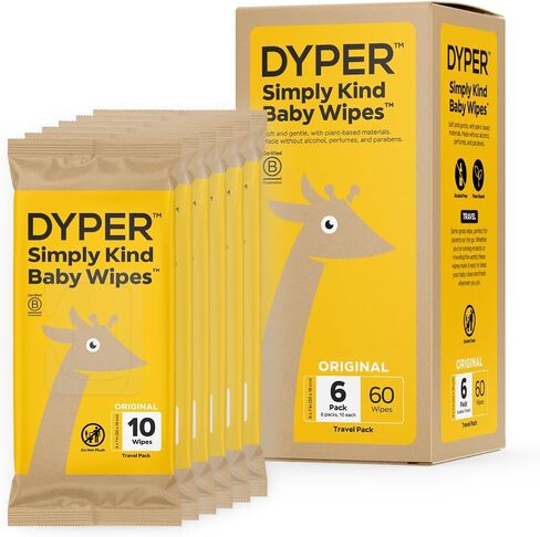 DYPER Baby Wipes | 99% Water Wipes | 100% Plant-Based | Hypoallergenic for Sensitive Skin | Honest Ingredients | Fragrance Free | Plastic-Free | Unscented | Single Pack, 60 Wipes in Kuwait