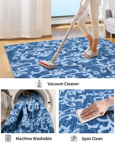 HelloTree Washable Boho Entry Rug Small 2'x3' Area Rug with Non-Slip Backing – Vintage Throw Area Rug for Bathroom, Kitchen, and Front Door Decor - Blue in Saudi Arabia