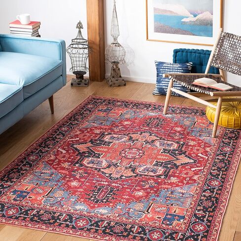 سجادة منطقة SAFAVIEH Serapi Collection - 8 × 10 بوصة، أحمر وأزرق، تصميم بوهو شيك، غير قابل للتساقط، قابل للغسل في الغسالة ومقاوم للانزلاق، مثالي للمناطق ذات حركة المرور العالية في غرفة المعيشة وغرفة النوم (SEP534Q) in Saudi Arabia