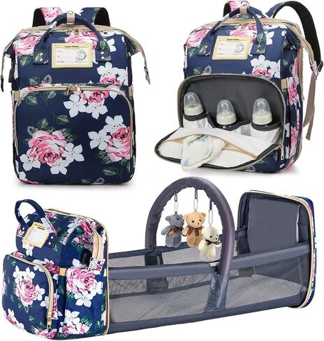 GurZinn Diaper Bag Backpack with Changing Station, Foldable for Bady Toddler, 3 in 1 Large Capacity Newborn Essentials Organizer with Stroller Hook for Girls and Boys（Pink） in Saudi Arabia