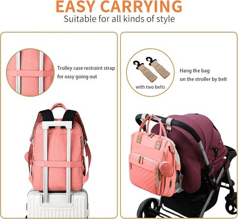 حقيبة ظهر لحفاضات الأطفال مع وسادات تغيير الحفاضات وحقائب للأم للأولاد والبنات للجنسين متعددة الوظائف للسفر وعربة أطفال بسعة كبيرة (وردي-F) in Kuwait