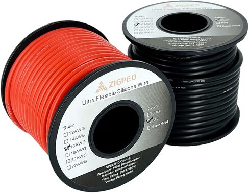 سلك سيليكون 12 AWG بطول 50 قدم، سلك نحاسي مجدول مرن للغاية 12 قياس، درجة حرارة عالية 392 درجة فهرنهايت 600 فولت - RC، السيارات، البطارية | موصل نحاسي معلب - بكرات حمراء بطول 25 قدمًا وأسود بطول 25 قدمًا in Saudi Arabia