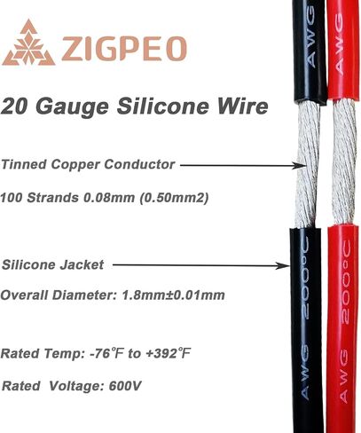 سلك سيليكون 12 AWG بطول 50 قدم، سلك نحاسي مجدول مرن للغاية 12 قياس، درجة حرارة عالية 392 درجة فهرنهايت 600 فولت - RC، السيارات، البطارية | موصل نحاسي معلب - بكرات حمراء بطول 25 قدمًا وأسود بطول 25 قدمًا in Saudi Arabia