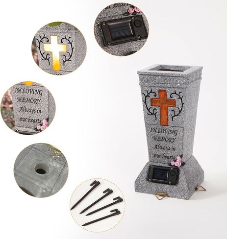 YLSMILE Cemetery Grave Vase with Solar Cross LED, Cemetery Decorations for Grave, Headstones Graves Vases for Fresh/Artificial Flowers, Memorial Gifts for Loss of Loved One in Kuwait