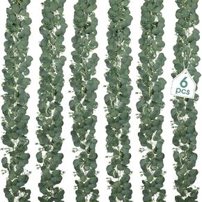 Lyrow Eucalyptus Garland with Flowers 5.9Ft Artificial Greenery Garland Faux Eucalyptus Leaves Greenery Silver Dollar Hanging Green Vine for Wedding Party Arch Mantle Door Wall Table Decor(10 Pcs)