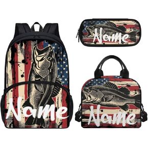American Flag Fish Backpack for Boys Girls Primary Middle School Bookbag Set with Lunch Box Pencil Case Kindergarten Kids Schoolbags Rucksack Daypack 3 In 1 Set