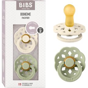 BIBS Pacifiers - Boheme Collection | BPA-Free Baby Pacifier | Made in Denmark | Set of 2 Ivory/Sage Color Premium Soothers | Size 0-6 Months