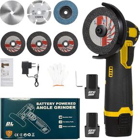 VTWTV Cordless Brushless Angle Grinder Kit, Grinding Disc 3in/76mm, 19500rpm Mini Lightweight Electric Grinding Tool Handheld Cutter with 2 PCS 12V1500mAh Batteries & 6PCS Cutting Discs