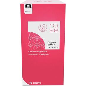 ROSE Certified Organic Cotton Cardboard Applicator Tampons Regular Absorbency | Cotton Lock Security Veil Patent System| Strong Leak Protection| Hypoallergenic| Easy Application | Pack of 2, 32 Count