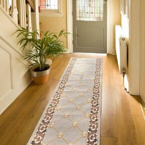Custom Size Fleur De Lis French Design Blue Color Rubber Backed Non-Slip Hallway Stair Runner Rug Carpet 31 Inch Wide by Your Length 31in x 5ft