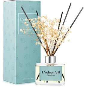 L'odeur Vill Reed Diffuser Set, 6.7 oz(200ml) Clean Linen Scented Diffuser with 6 Oil Diffuser Sticks, Home Fragrance Essential Oil Reed Diffuser for Home Large Rooms Bathroom Shelf Decor