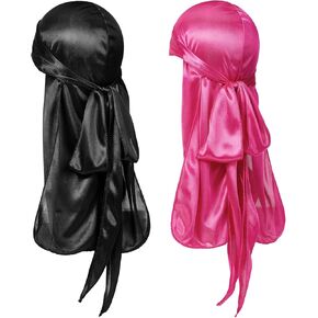 Stain Silk Durag 2 Pieces Long Tail Doo Rag for Men Women Adjustable Wide Straps Wave Caps