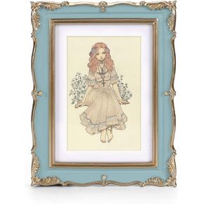 PHAREGE Blue Gold Vintage Frame for 8x10 inch Picture, Ornate Antique Frame with Mat for 5x7 inch Photo, Horizontal or Vertical, Tabletop or Wall