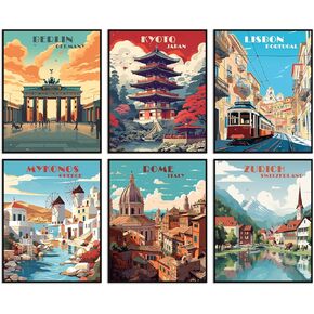 Travel City Posters Trendy Cities Travel Vintage Poster Set of 6 Unframed (8''x10'') Popular Cities Poster For Wall Decor Landscape Poster City Wall Art for Aesthetic Room Decor (Travel City A, 8 x 10