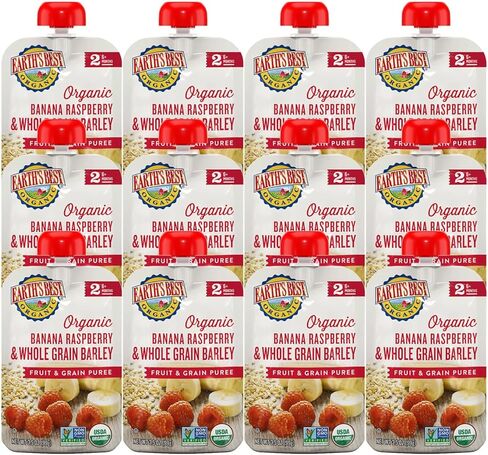 أكياس أغذية الأطفال العضوية من Earth's Best، هريس الفاكهة والحبوب للمرحلة الثانية للأطفال بعمر 6 أشهر فما فوق، هريس الموز العضوي والتوت والأرز البني، كيس قابل للإغلاق 4.2 أونصة (عبوة من 8 قطع) in Kuwait