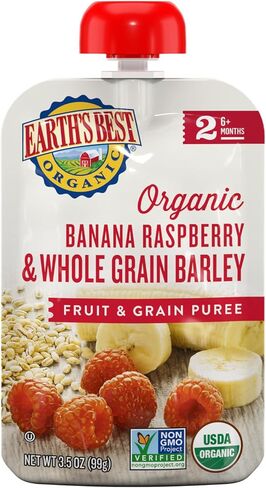 أكياس أغذية الأطفال العضوية من Earth's Best، هريس الفاكهة والحبوب للمرحلة الثانية للأطفال بعمر 6 أشهر فما فوق، هريس الموز العضوي والتوت والأرز البني، كيس قابل للإغلاق 4.2 أونصة (عبوة من 8 قطع) in Kuwait