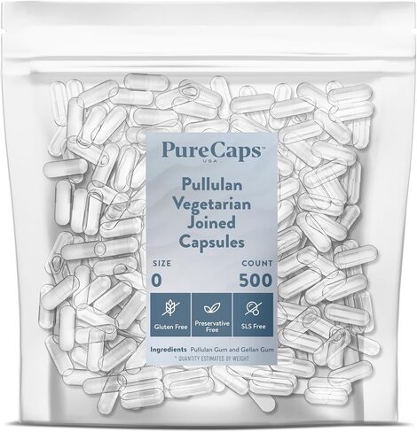 PureCaps USA - Empty Vegetarian Vegan Pullulan Pill Capsules Size 0, 100 Empty Joined Pullulan Pills, Clear, Non-GMO Certified, SLS Free, Gluten Free, Preservative Free Pill Capsules Empty in Kuwait