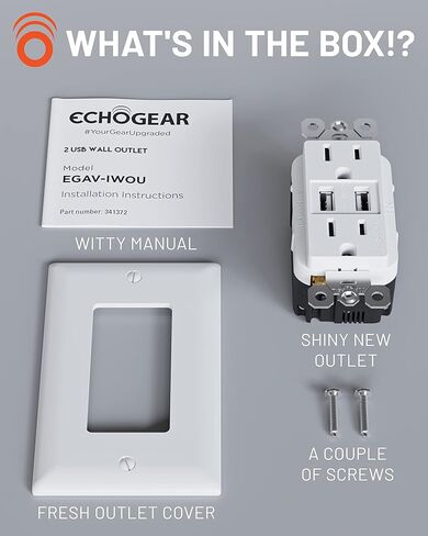 ECHOGEAR USB Outlet 2-Pack - 3.1 مخرج طاقة USB مزدوج مع 2X منافذ تيار متردد و2X منافذ USB-A - سهلة التركيب تتضمن 2X لوحات حائط وأجهزة ومآخذ 2X - مجموعة من 2، أبيض in Kuwait