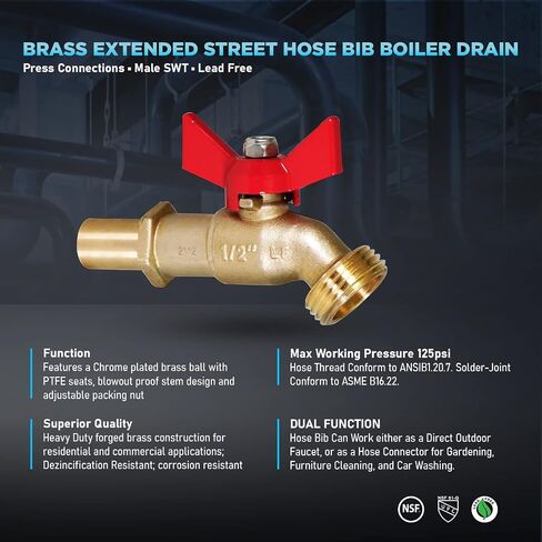 Midline Valve Extended Street Hose Bib Boiler Drain, 3/4’’ SWT/Press, Brass (5 Pack) in Saudi Arabia