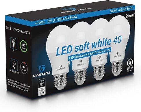 لمبة إضاءة LED A19 من شركة GREAT EAGLE LIGHTING CORPORATION، 6 وات (ما يعادل 40 وات)، مدرجة في قائمة UL، 4000 كلفن (أبيض بارد)، 450 لومن، غير قابلة للتعتيم، استبدال قياسي (4 عبوات) in Saudi Arabia