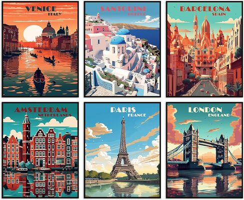 Travel City Posters Trendy Cities Travel Vintage Poster Set of 6 Unframed (8''x10'') Popular Cities Poster For Wall Decor Landscape Poster City Wall Art for Aesthetic Room Decor (Travel City A, 8 x 10 in Saudi Arabia