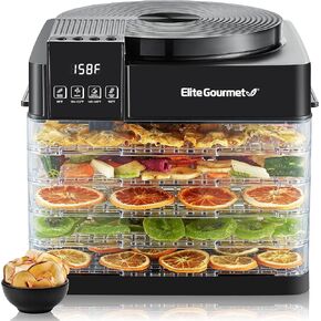مجفف طعام رقمي من Elite Gourmet EFD422 مع 5 صواني خالية من مادة BPA، ومروحة وسخان مثبتان في الأعلى، ومؤقت قابل للتعديل والتحكم في درجة الحرارة، متشنج، أعشاب، فواكه، خضروات، وجبات خفيفة، أسود