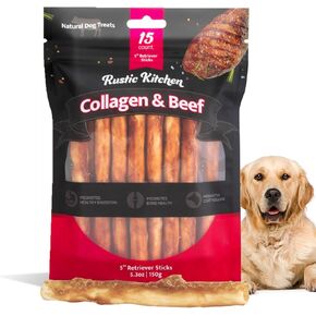 Wild Eats Beef Collagen Sticks for Dogs (15 Pack) High Protein Chew Dog Treats for Small, Medium, and Large Dogs