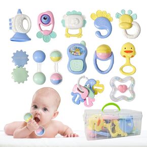 12PCS Baby Rattles Toys Set with Storage Case, Teething Toys for Babies,Newborn Present for Baby Boys and Girls 0 1 2 3 4 5 6 7 8 9 10 11 12 Months