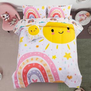 A Nice Night Bedding 6 Pcs Cartoon Rainbow Bedding Set with Smile Moon Printed for Boys Girls Bed Comforter Sets (Black, Twin)