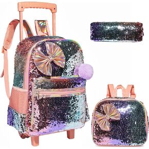kids Rolling Kid Travel Toddler Duffle Bag Bow Tie Backpack for Girls Carry on Luggage Roller Computer Suitcase with Pencil Case and Lunch Box Wheels Wheeled Sequins Backpacks Girls Gradient Pink