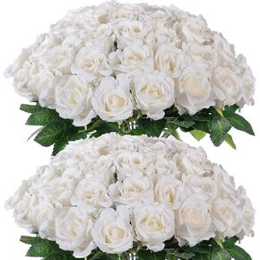 FOTEEWL 60 Pcs Artificial Rose Flower Realistic Faux Silk Roses Stem Fake Roses Bouquet for Flower Arrangement,Wedding Centerpieces,Party,Home Decorations (Beige)
