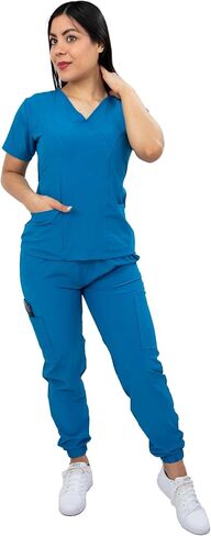 Scrubs - Women's Fluid-Resistant Scrub Ensemble with Round Neck Top and FlexFit Jogger Pants, Cargo Pockets in Saudi Arabia