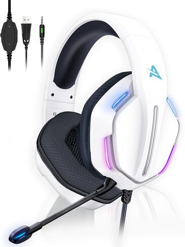 Aimzone Professional Gaming Headset with Noise Cancelling Over Ear Headphones with Mic, Soft Memory Earmuffs, RGB Light, 7.1 Surround Bass and Sound, Wired 3.5mm (White) in Kuwait