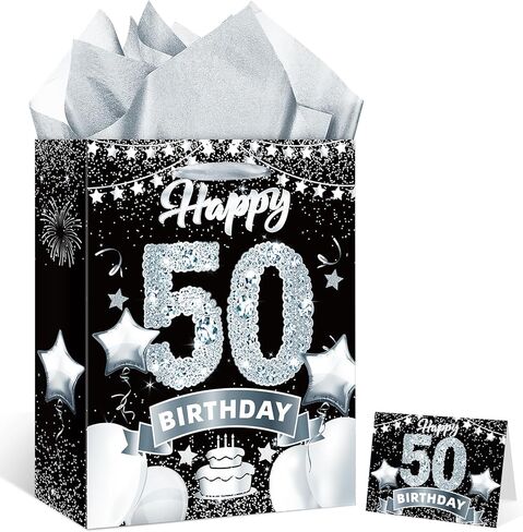 حقائب هدايا عيد الميلاد السادس عشر باللون الأسود والفضي، حقيبة تغليف هدايا عيد الميلاد السادس عشر الكبيرة مقاس 33 سم مع ورق مناديل وبطاقة حلوة لعيد الميلاد السادس عشر من كرافت جودي حقيبة حلوى للأولاد والبنات ديكورات حفلات عيد الميلاد السادس عشر in Kuwait