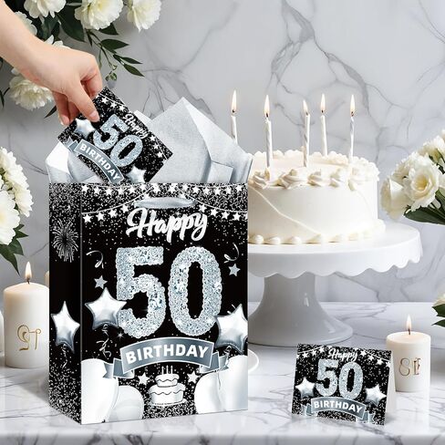 حقائب هدايا عيد الميلاد السادس عشر باللون الأسود والفضي، حقيبة تغليف هدايا عيد الميلاد السادس عشر الكبيرة مقاس 33 سم مع ورق مناديل وبطاقة حلوة لعيد الميلاد السادس عشر من كرافت جودي حقيبة حلوى للأولاد والبنات ديكورات حفلات عيد الميلاد السادس عشر in Kuwait