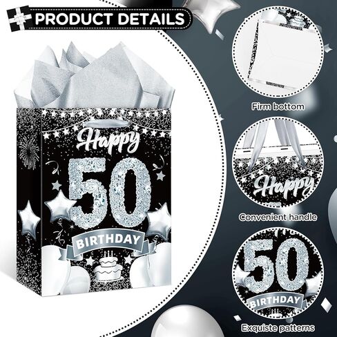 حقائب هدايا عيد الميلاد السادس عشر باللون الأسود والفضي، حقيبة تغليف هدايا عيد الميلاد السادس عشر الكبيرة مقاس 33 سم مع ورق مناديل وبطاقة حلوة لعيد الميلاد السادس عشر من كرافت جودي حقيبة حلوى للأولاد والبنات ديكورات حفلات عيد الميلاد السادس عشر in Kuwait