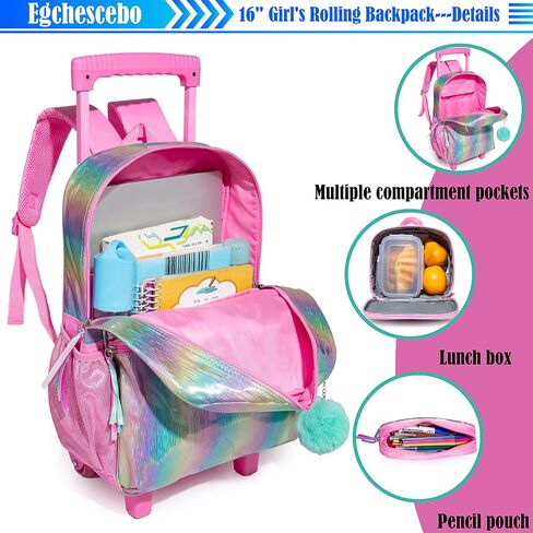 kids Rolling Kid Travel Toddler Duffle Bag Bow Tie Backpack for Girls Carry on Luggage Roller Computer Suitcase with Pencil Case and Lunch Box Wheels Wheeled Sequins Backpacks Girls Gradient Pink in Saudi Arabia