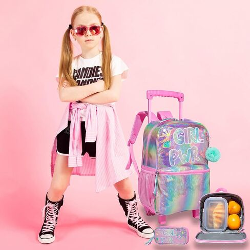 kids Rolling Kid Travel Toddler Duffle Bag Bow Tie Backpack for Girls Carry on Luggage Roller Computer Suitcase with Pencil Case and Lunch Box Wheels Wheeled Sequins Backpacks Girls Gradient Pink in Saudi Arabia