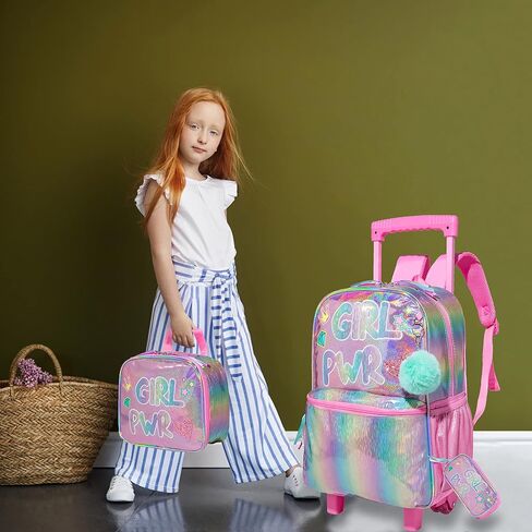 kids Rolling Kid Travel Toddler Duffle Bag Bow Tie Backpack for Girls Carry on Luggage Roller Computer Suitcase with Pencil Case and Lunch Box Wheels Wheeled Sequins Backpacks Girls Gradient Pink in Saudi Arabia