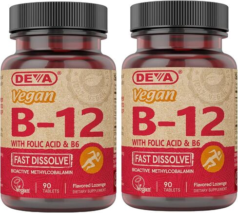 DEVA Vegan Vitamin B12 Fast Dissolve Supplement - Once-Per-Day Complex with 1000 Mcg Methylcobalamin B12, Folic Acid, B6 - Lemon Flavor - 90 Dissolvable Tablets, 1-Pack in Saudi Arabia