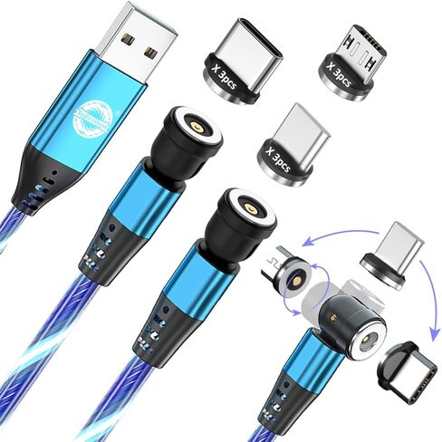 كابل شحن مغناطيسي EndlesShine [3 عبوات 3.3/6.6/6.6FT] شاحن هاتف مغناطيسي يدور 540 درجة. كابل USB C، Micro USB، جهاز iProduct 3 في 1. كابل شاحن Android مغناطيسي من النوع C (أسود) in Kuwait