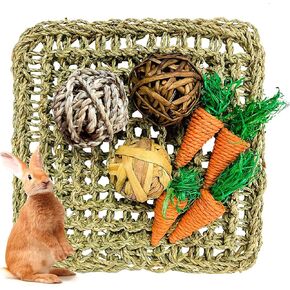Hamiledyi Rabbit Seagrass Mat Activity Mat Bunny Chew Toy Small Animal Activity Play Ball Carrot Toy for Hamster Guinea Pigs Gerbil