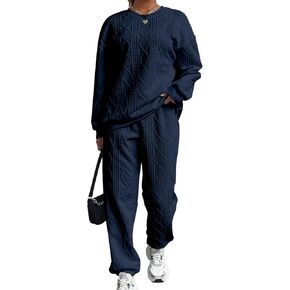 SHEWIN Women's 2 Piece Sweatsuits Set Long Sleeve Oversized Textured Sweatshirt Sweatpants With Pockets