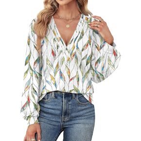 Agnes Urban Womens V Neck Long Sleeve Tops Dressy Casual Fall Shirts Puff Sleeve Loose Tunic Trendy Tops Blouses
