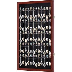 DisplayGifts 60 Souvenir Spoon Tea Spoon Display Case Rack Holder Wall Cabinet Frame, UV Protection, Lockable Door (Black Finish)