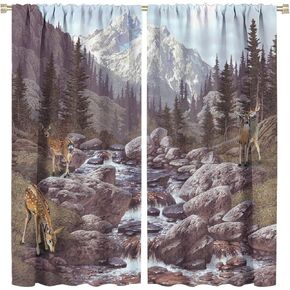 Autumn Rustic Landscape Curtains, Vintage Rural Forest Lakeside Wooden Log Cabin Wild Animal Deer, Blackout Rod Pocket Window Drapes for Living Room Bedroom (21x45in) x2 Panels