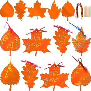50 Pieces Scratch Fall Leaves Colorful Scratch Leaves Scratch Rainbow Art Paper with Ribbons and Wooden Stylus for Thanksgiving Harvest Party (Black)