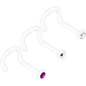 BanaVega 3PCS Flexible Acrylic Nose Screw 18 Gauge 7mm Clear Aurora Borealis Crystal Nostril Stud Ring Piercing - See More Colors