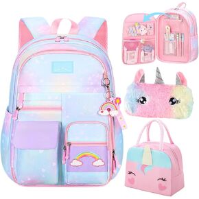 PMS854AZ Backpacks for Girls School Cute Kids Backpack, Kawaii Backpack, Pink Girls Backpack, Starry Rainbow School Bag for Kids (Pink)