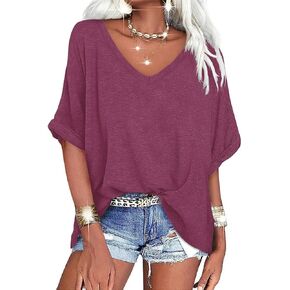 Women's V Neck Oversized T Shirts Summer Short Sleeve Shirts Loose Casual Tops Tee